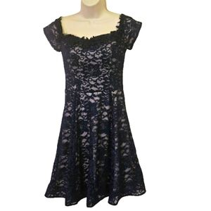 Sequin Hearts Navy Blue Floral Sparkle Lace A-Line Dress,Size 11 (juniors)
